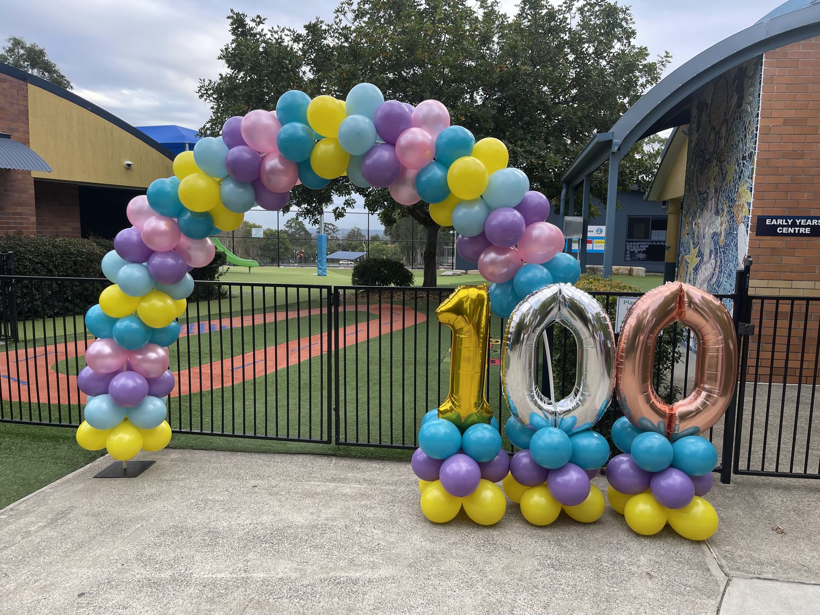 Pastel rainbow balloon arch